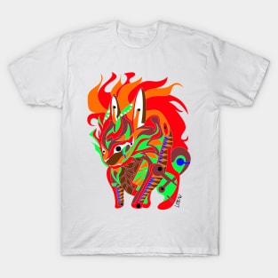 flames rabbit kaiju in rainbow electric colors in mexican patterns T-Shirt